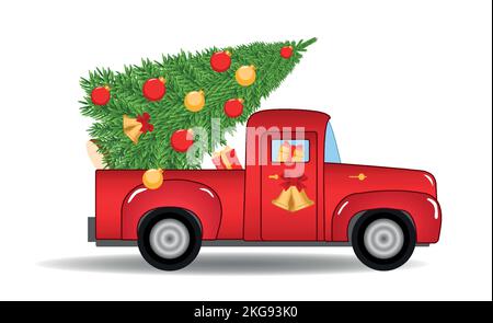 Niedliches rotes Retro-Auto mit weihnachtsbaum auf dem Dach. Fröhliche weihnachtsbeschriftung für Grußkarte, Postkarte, Poster, Banner, Einladungsdesign. Vektor Stock Vektor