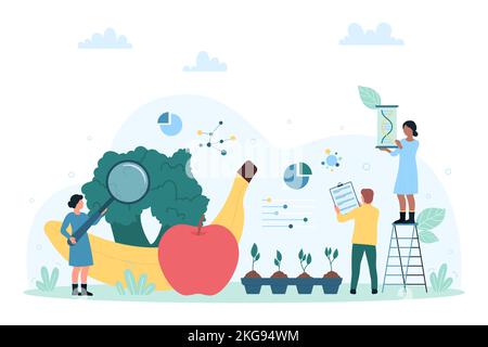 Wissenschaftliche Forschung und Analyse von landwirtschaftlichen Lebensmitteln in Labor Vektor Illustration. Cartoon winzigen Figuren Analyse Obst und Gemüse mit Lupe. Farm, Wissenschaftskonzept Stock Vektor
