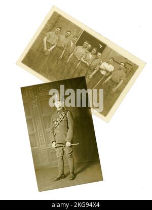 Originale Postkarte aus dem Jahr WW1 mit Kavaliern der 11. Hussaren (Prinz Alberts eigenes, auch bekannt als Cherry Pickers), die vor den Ställen für ein Gruppenfoto posieren, nachdem sie ihre Pferde im Aldershot Militärtrainingslager gepflegt haben. Der junge Mann von ganz LH aus der Gruppe ist Arthur Darling. Dies wurde kurz bevor sie woanders hingebracht werden sollten (möglicherweise nach York), später wurden sie vielleicht geschickt, um sich der Schlacht in Messines anzuschließen), als Infanterie, nicht als Kavallerie. Er ist auch in einem individuellen Porträt und posiert in Uniform in einem Studio in Aldershot. Standort: Aldershot, Hampshire, England, Großbritannien. Stockfoto