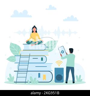 Vektorgrafik für Hörbuch-Technologie. Cartoon-kleine Studentin mit Kopfhörern, die auf Büchern sitzen, um Audio-Podcasts, digitale Reiseführer und Literatur zu hören, Mann, der Smartphone mit Player auf dem Bildschirm hält Stock Vektor