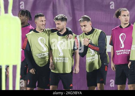 doho, Katar, 22. November 2022. Belgiens Eden Hazard, Belgiens Dries Mertens und Belgiens Leandro Trossard wurden während eines Trainings der belgischen Fußballnationalmannschaft The Red Devils im Hilton Salwa Beach Resort in Abu Samra, Staat Katar, Dienstag, den 22. November 2022, gezeigt. Die Red Devils bereiten sich auf ihr erstes Spiel gegen Kanada in Gruppe F der FIFA-Weltmeisterschaft 2022 in Katar vor. BELGA FOTO BRUNO FAHY Stockfoto