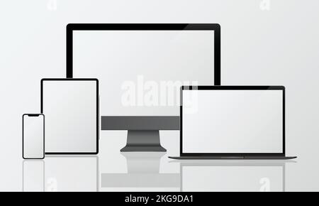 Modelle für digitale Computer-Geräte. 3D Vektor editierbare Laptop-, LED-, Smartphone- und Tablet-EPS-Dateien. Stock Vektor