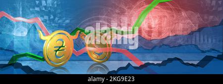 Bullish uah war bei Bearish usd. Devisenmarkt 3D Darstellung der ukrainischen Hrywna in us-Dollar. Währung wird als gol dargestellt Stockfoto