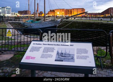 De Wadden, dreimastiger Hilfsschooner auf Liverpool Docks Stockfoto