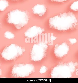 Nahtloses Muster von flauschigen weißen Wolken mit Schatten auf der Oberfläche Korallen lebendigen farbigen Hintergrund Stockfoto