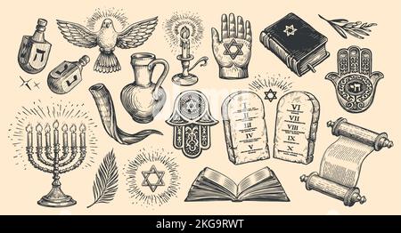 Jüdische Feiertag Objekt Zeichen Sammlung. Menorah, Torah-Rolle, Dreidel, David Star, Hamsa-Symbole. Vektorgrafik Stock Vektor