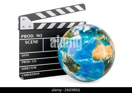 Klappbrett mit Erdkugel. World Cinema Concept, 3D Rendering isoliert auf weißem Hintergrund Stockfoto