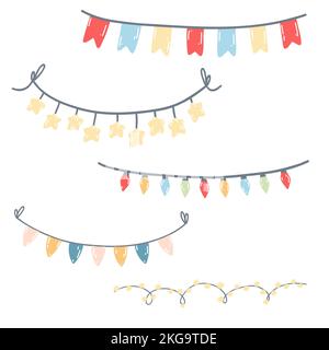 Set von bunten Bunte Bunte, Girlande, Weihnachtsbeleuchtung in Cartoon-Flat-Stil. Handgezeichnete Vektor-Illustration von Party-Dekoration Stock Vektor