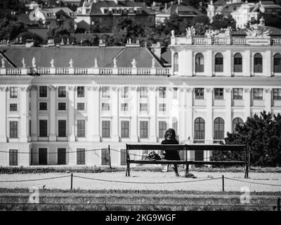 Rückblick mit einem Mädchen, das auf einer Bank in den Gärten des Schlosses Schönbrunn in Wien sitzt. Schwarz-weiße Straßenfotografie. Stockfoto