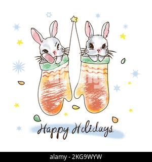 Aquarell-Kaninchen in Socken, notwendige Dekorationen, Happy Holidays, handgeschriebene Schriftzüge, Doodle-Stil Illustration Stock Vektor