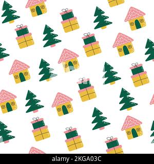 Nahtloses Muster mit Winterhäusern, Bäumen und Geschenken. Kreative weihnachten Hintergrund. Vektorgrafik mit grünen, gelben, rosa Farben Stock Vektor