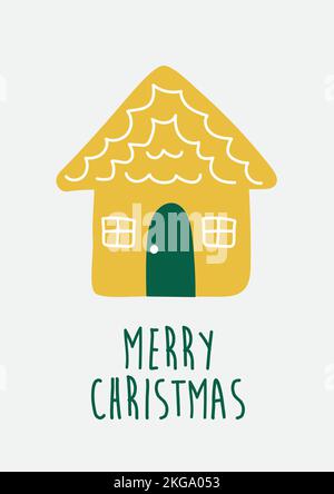 Gemütliches gelbes Winterhaus. Niedliche handgezeichnete Weihnachten Vektor-Illustration für Grußkarte. Frohe Weihnachten Text. Minimalistisches skandinavisches Design Stock Vektor