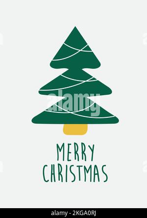 Weihnachtsbaum. Kartendesign mit einem handgezeichneten grünen Weihnachtsbaum und fröhlichem Weihnachtstext. Minimalistisches skandinavisches Design Stock Vektor