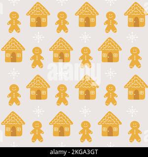 Weihnachten nahtlose Hintergrund von Lebkuchen Cookies und Häuser auf grauem Hintergrund. Vektorgrafik Stock Vektor