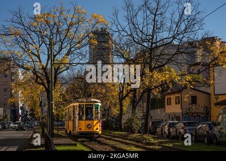 Straßenbahn unter Bäumen, herbstgelben Blättern und Laub, im Viertel Porta Venezia, im Stadtzentrum von Mailand, in der Region Lombardei, Italien Stockfoto