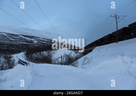 Eisenerz-Wagenzug in einer Eisenbahn in Abisko, Schweden, im Polarkreis, mit der Landschaft des Abisko-Nationalparks hinten Stockfoto