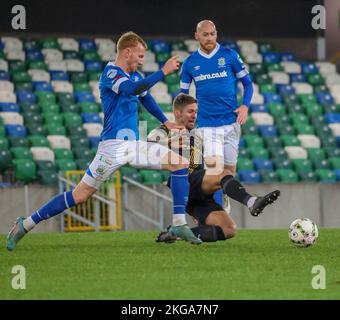 Windsor Park, Belfast, Nordirland, Großbritannien. 22. November 2022. Premiership der Danske Bank – Linfield / Larne. Action vom heutigen Spiel im Windsor Park (Linfield in Blau). Michael newberry (links) und Larnes Daniel Kearns. Kredit: CAZIMB/Alamy Live Nachrichten. Stockfoto