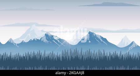 Herrliche schneebedeckte Berglandschaft. Winterberglandschaft mit Pinien und Hügeln. Vektordarstellung Stock Vektor