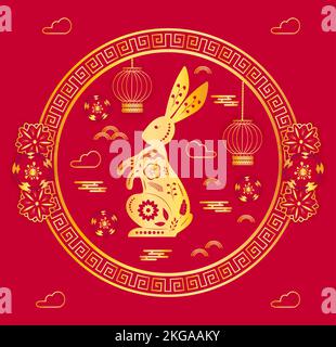 Grußkarte für das chinesische Neujahr 2023. Goldenes Weihnachtshäschen mit asiatischem Ornament. Symbolik des neuen Jahres nach Ostasien Stock Vektor