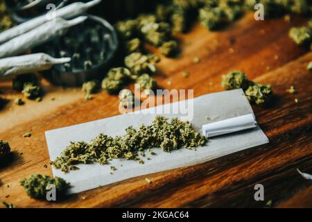 Marihuana-Knospen mit Drogen, cbd und thc. Schleifer und Drogen, Gelenke. Joint Paper, Zigarettenfilter, Prozess Stockfoto