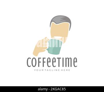Kaffeezeit, Mann, der Kaffee oder Tee trinkt und eine Tasse hält, Logo-Design. Speisen und Getränke, Getränke, Café, Mann trinkt Kaffee aus Tasse, Vektordesign Stock Vektor