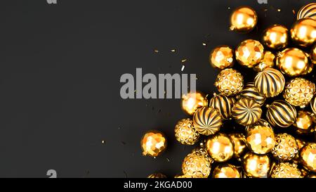 Frohe Silvesterkugeln mit Glitzer und Weihnachtsdekoration. Realistische 3D-Darstellung goldener Kugeln auf schwarzem Hintergrund Stockfoto