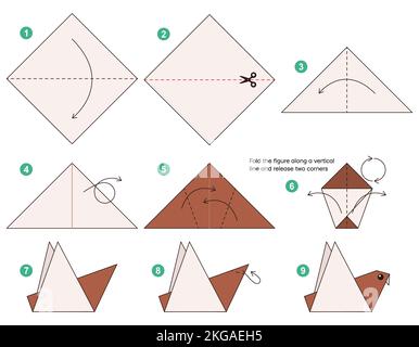 Origami Tutorial für Kinder. Origami niedlichen Sperling. Stock Vektor