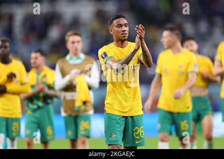 Al Wakrah, Katar. 22.. November 2022. Keanu Baccus (AUS) Fußball/Fußball : FIFA Fußball-Weltmeisterschaft Katar 2022 Gruppe-D-Spiel zwischen Frankreich 4-1 Australien im Al Janoub Stadion in Al Wakrah, Katar . Quelle: Naoki Morita/AFLO SPORT/Alamy Live News Stockfoto