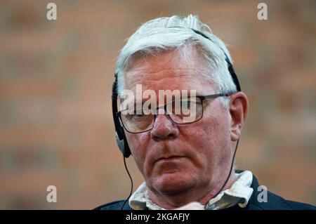 Bogota, Kolumbien, 22. November 2022. Kristinn Hrafnsson, Chefredakteur von WikiLeaks, spricht am 22. November 2022 in Bogota, Kolumbien, während einer Diskussion über die Meinungsfreiheit an der Kolumbianischen Nationaluniversität. Stockfoto