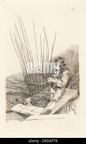 Ein Weidenweber bei der Arbeit, London, Regency-Ära. Der Gesellenmacher, der in einem Keller auf der westlichen Seite von Haymarket arbeitet. Eine Prickle ist ein Weidenkorb oder ein Weidenkorb, der von Weinhändlern für leere Flaschen verwendet wird. Kupferstich aus dem Leben und gestochen von John Thomas Smith aus seinem eigenen The Cries of London, oder Vagabondiana 2, herausgegeben von Francis Douce, John Bowyer Nichols, London, 1839. Stockfoto