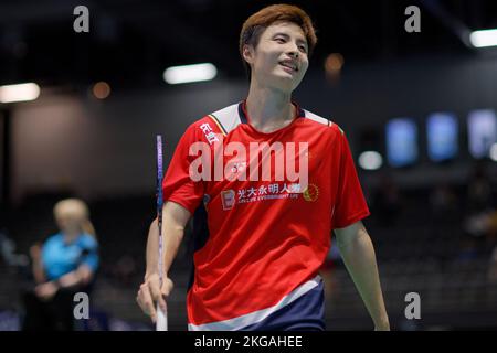 SYDNEY, AUSTRALIEN - NOVEMBER 19: Shi Yu Qi aus China in Aktion während des Halbfinalspiels der Männer im Singles zwischen Naraoka aus Japan und Shi aus China auf der Q Stockfoto