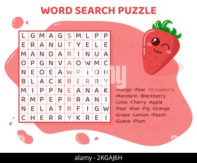 Wortsuche Puzzle mit Früchten und Beeren. Stock Vektor