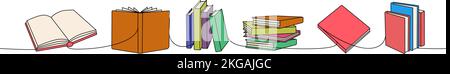 Offene und geschlossene Bücher einzeilige farbige Dauerzeichnung. Buchhandlung, Bibliothek kontinuierlich eine Zeile bunte Illustration. Lineare Vektordarstellung. Stock Vektor