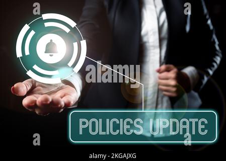 Aktualisierung der Richtlinien für die konzeptionelle Anzeige. Wort, das über die Hinzufügung neuer Informationen geschrieben wurde, oder formulierte Richtlinien Stockfoto