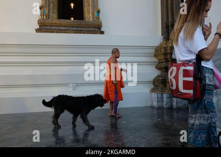 Ein Mönch, der neben einem Hund im Großen Palast in Bangkok, Thailand, spaziert Stockfoto