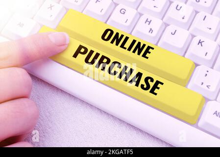 Textunterschrift für Online-Käufe. Wort für Verbraucher, die direkt über das Internet bei einem Verkäufer Waren kaufen Stockfoto
