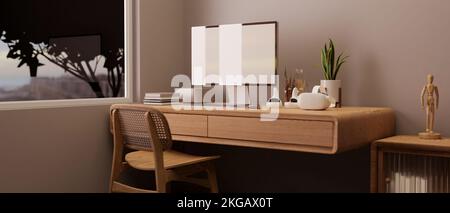 Seitenansicht, minimalistischer skandinavischer Heimarbeitsplatz in Weiß und Holzwerkstoff mit modernem pc-Computermodell und Zubehör auf Holztisch ag Stockfoto