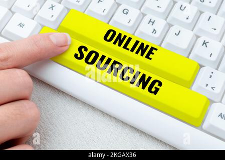 Textüberschrift für Online-Sourcing. Das Konzept, das den Kauf von Waren und Dienstleistungen beinhaltet, wird über das Internet vermittelt Stockfoto