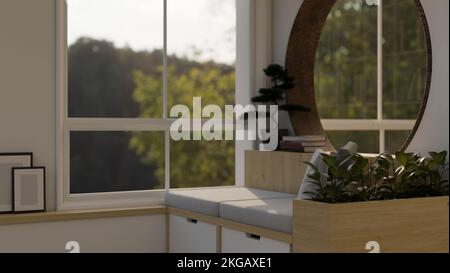 Minimalistisch-moderner japanischer Wohnzimmerinnenstil mit Sofa, Zimmerpflanzen, Inneneinrichtung, Fenster mit Blick auf die Natur und kreisförmige Wand. 3D Rendern, 3D i. Stockfoto