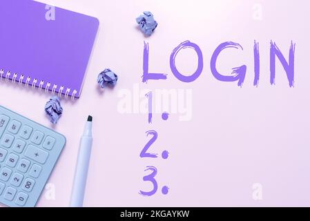 Textüberschrift zur Präsentation der Anmeldung. Konzeptfoto Eingabe des Website-Blogs mit Benutzername und Kennwort Registrierung Stockfoto