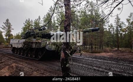 USA Die Soldaten der Armee haben zwei Wochen lang neben finnischen Streitkräften gebohrt und gegen die Gegner gekämpft, die Panzer der Leoparden 2A5 nutzten. Hier wurde bei simulierten Kampfübungen am 10. November 2022 in Hammer 22 gezeigt, einer jährlichen Übung mit Vereinten Kräften, die auf einem Trainingsgelände in Niinisalo, Finnland, durchgeführt wurde. Das 3-1. ABCT ist unter anderem dem 1. ID zugeteilt und arbeitet stolz zusammen mit Verbündeten und regionalen Sicherheitspartnern an der Bereitstellung kämpfungsfähiger Truppen für das V Corps, das in Europa stationierte US-Korps. (USA Armeeportrait von SPC. Charles Leitner) Stockfoto