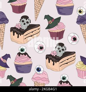 DEATH SWEETS Halloween Holiday Vector Illustration Nahtloses Muster für Print Stock Vektor