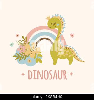 DINO UND REGENBOGEN handgezeichnet flacher Grunge-Style Cartoon prähistorischer Tiervektor Illustration für Bekleidungsdruck Stock Vektor