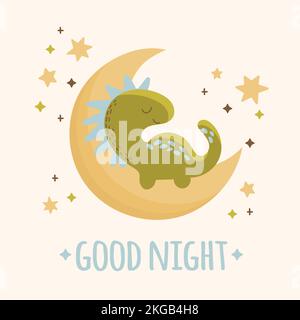 DINO BABY MOON handgezeichnet flacher Grunge-Style Cartoon prähistorischer Tiermond Vektor Illustration Bekleidungsdruck Stock Vektor