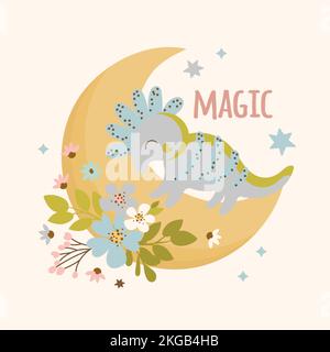 DINO BABY handgezeichnet flacher Grunge-Style Cartoon prähistorischer Tiermond Vektor Illustration Bekleidungsdruck Stock Vektor