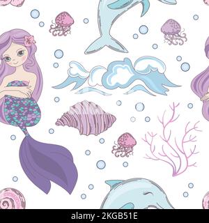 TRAUMHAFTE MEERJUNGFRAU Prinzessin Mädchen Meeres Unterwasserkreuzfahrt mit tropischem Ozean Urlaub Seamless Pattern Vector Illustration zum Drucken Stock Vektor