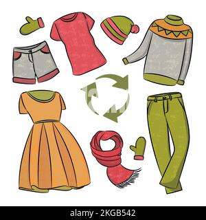 DRESS RECYCLING Global World Ecological Environmental Pollution Problem Handgezogener Vektor-Illustration Set für Druck Stock Vektor