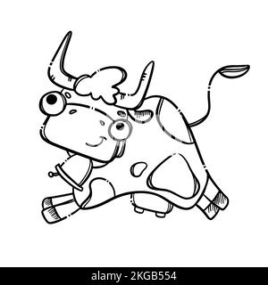 TRINKE MILCH MONOCHROM süße Kuh mit Bell handgezeichnet in Sketch Style Runs zur Farm, um ihr ein Cartoon Poster Clip Art Vector Illustration Set für Milch zu geben Stock Vektor