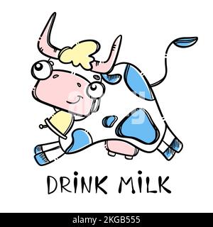 TRINKE MILCH süße Kuh mit Glocke von Hand gezeichnet in Sketch Style läuft zur Farm und schenkt ihr ein Poster mit Milch und Clip Art Vector Illustration Set für P Stock Vektor