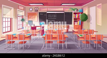 Unterrichtsraum für Mathematikunterricht mit Lehrerschreibtischen und Schülerschreibtischen, Tafel mit Gleichungen und Formeln, Bücherregal und Lineale, Vektorgrafiken Stock Vektor